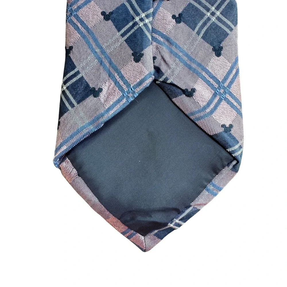 Disney Parks Mens Silk Tie Mickey Mouse Plaid Purple Navy Blue Woven Necktie